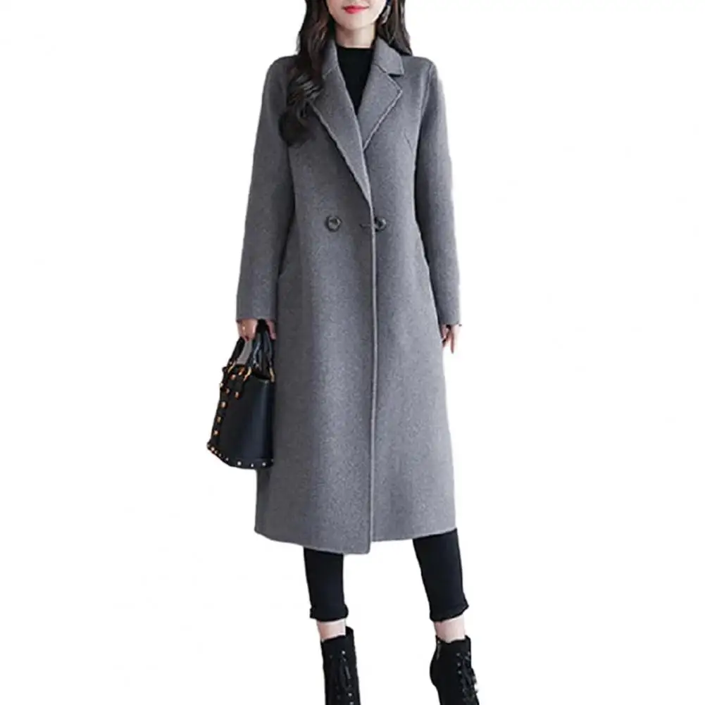 

Women Woolen Coat Lapel Long Sleeve Two Buttons Pockets Mid-length Woolen Cardigan Outwear chaquetas para mujeres