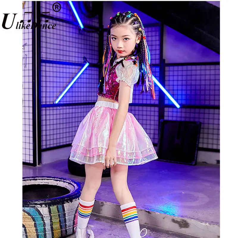 Ulikedance Girl Jazz Dance Costumes Children Fashion Pink Cheerleader Sequins Suit Model Catwalk Stage Costumes Hip Hop Clothing