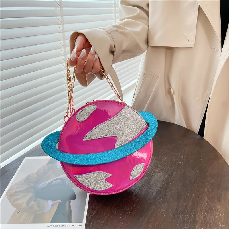 Laser Circular Planet Shape Pursess and Handbags for Young Girls Cute Cartoon Women Chain Crossbody Bag Fashion Novetly Clutch