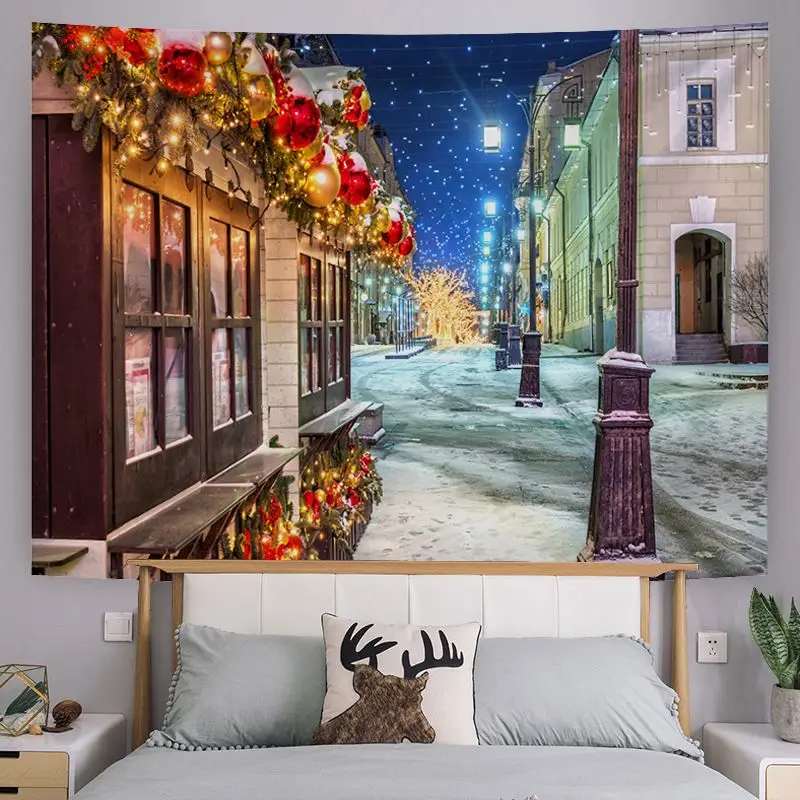 VIKAMA European Christmas Snowscape Town Tapestry, Scenic Wall Hanging Background Cloth for Winter Wonderland Aesthetic Decor