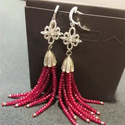 Natural Red Jade Round Beads Earrings Silver Color Plated CZ Stud Dangle Earrings For Women Ethnic Style