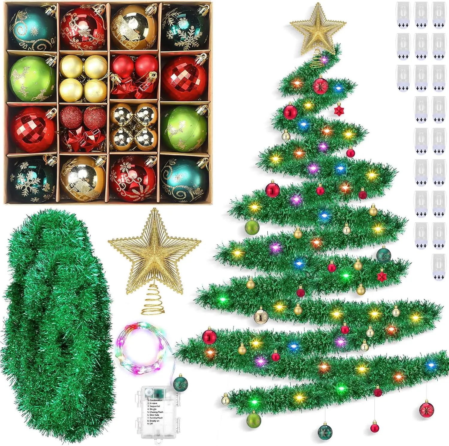 

65 Pcs DIY Wall Hanging Christmas Tree with 33ft LED Lights, Tinsel Garland, Ornaments, Star Topper, Hooks for Home Decor (Green