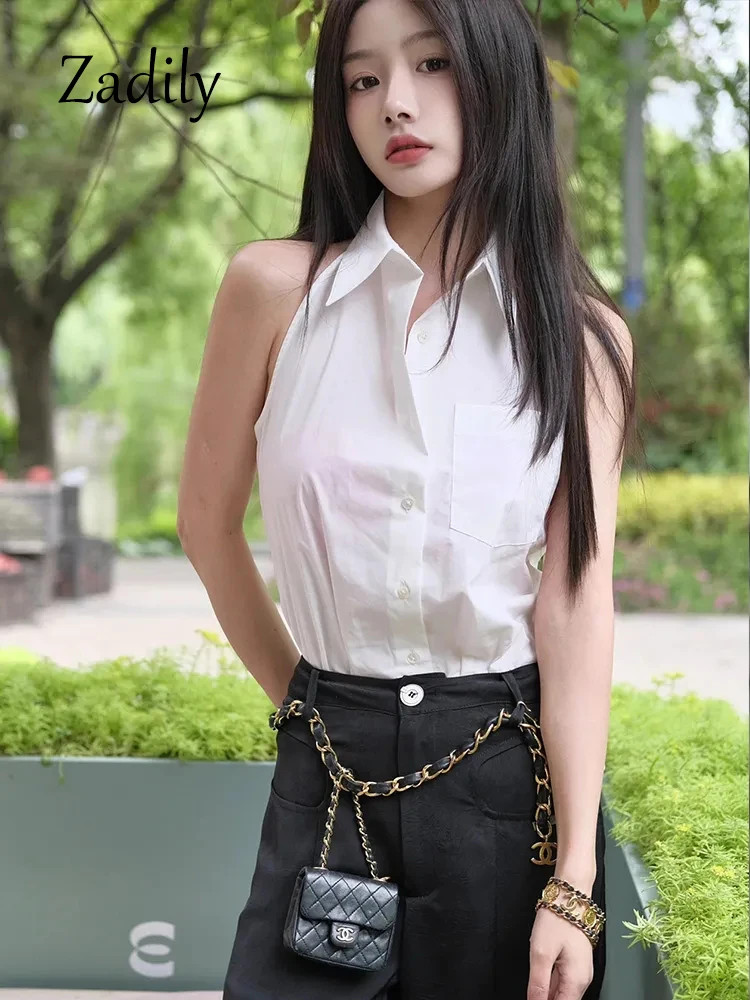 Casual Sleeveless Women White Shirt And Blouse Korea Style Button Turn Down Collar Ladies Shirts Summer Female Clothing Tops