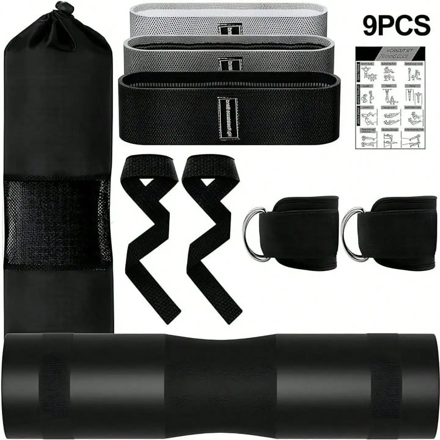 9 PCS Barbell Squat Pad Set - Foam Bar Cushion For Hip Thrusts & Lunges. Includes 3 Glute Resistance Bands, Ankle Straps, Weightlifting Wrist Straps & Bag. Home Gym Leg Day Accessories & Summer Fitness