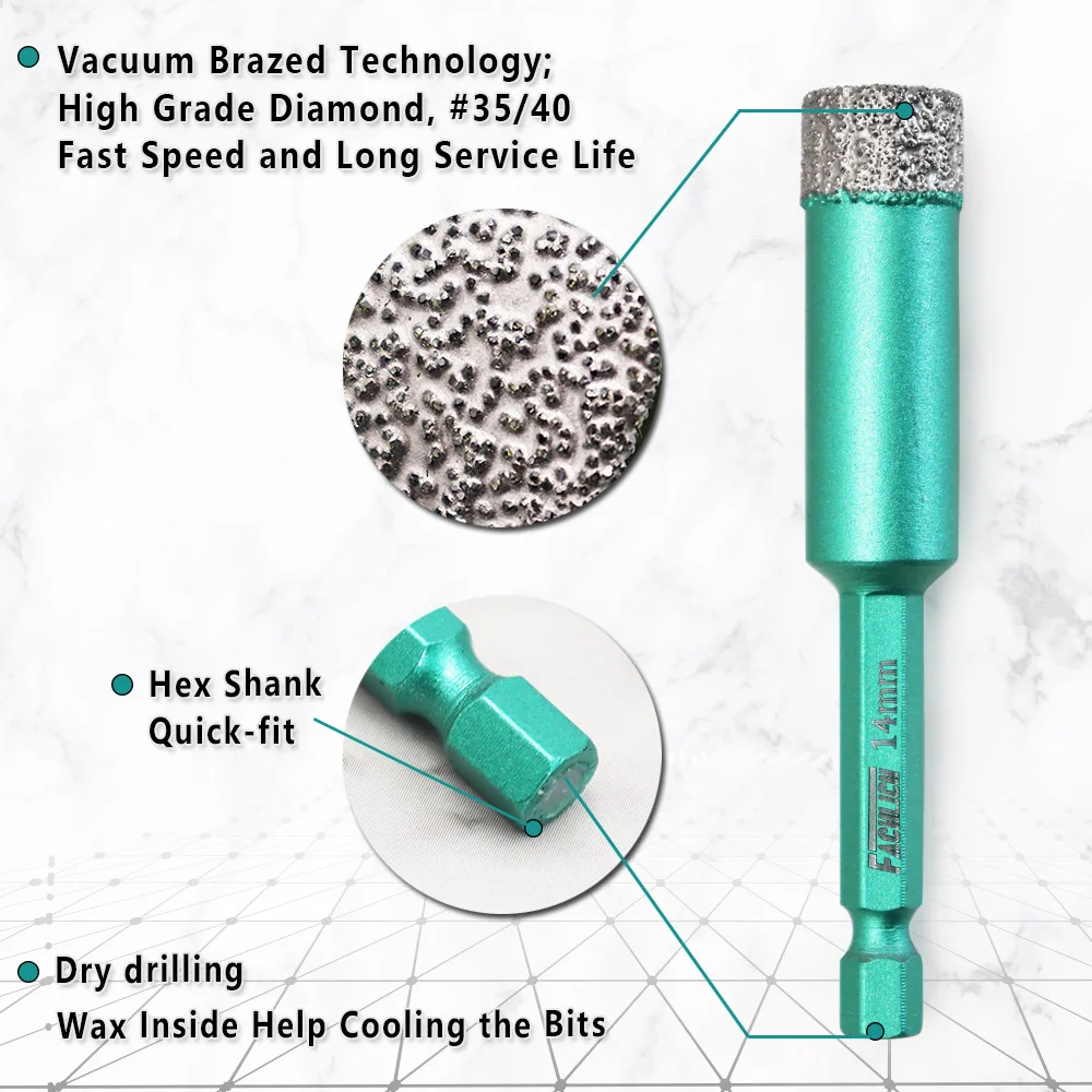 FACHLICH 5pcs/set Dia14mm Quick Fit Hex Shank Dry Drilling Bits Granite Marble Tile Cutter Drill Crown Vacuum Brazed Core Bits