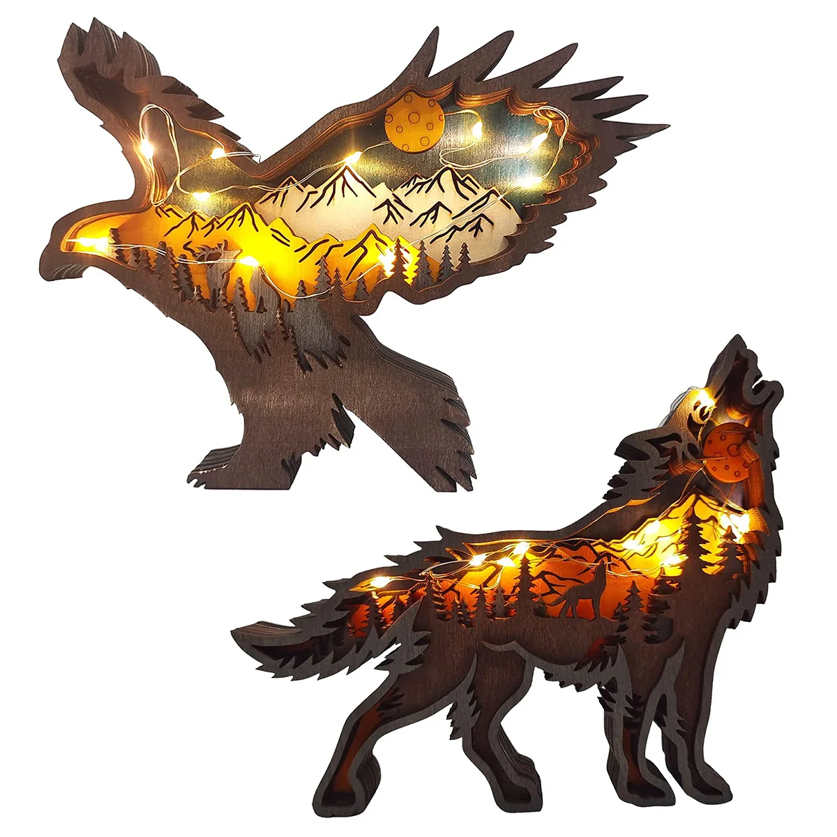 Wooden Ornaments Carved Wooden Wolf Decorations with LED Light Hollow Multi-Layer Forest Animals Scene Display Carving Figurines