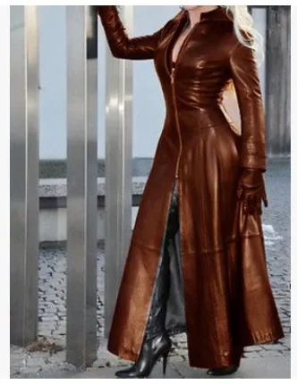 Pop Winter Women's Fashion Cyberpunk Leather Long Jacket Casual Loose Button Solid Color Coats Lapel Biker Jacket