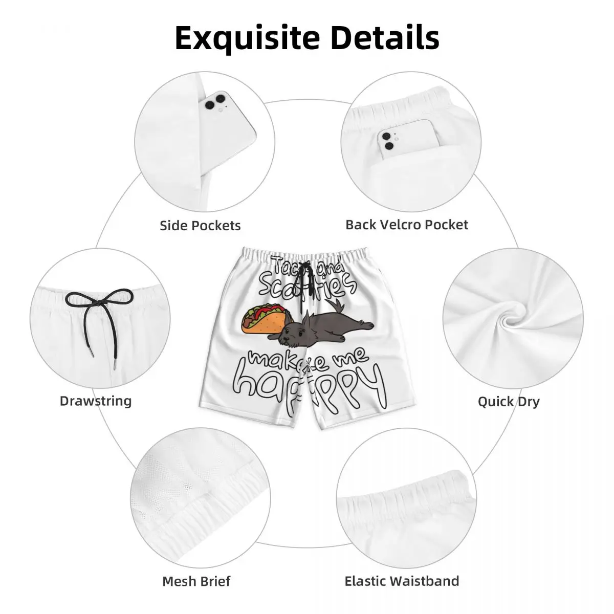 타코 및 스코티시 테리어 남성용 수영 트렁크, 빠른 건조 비치웨어, 스카티 도그 보드 반바지, 행복한 프린트