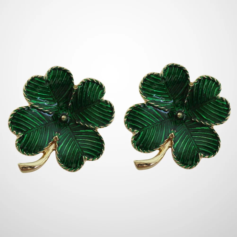 2pcs Shamrock Gold Plated Four Leaf Brooch Retro Lapel Pin St Patricks Day Accessory (Green)