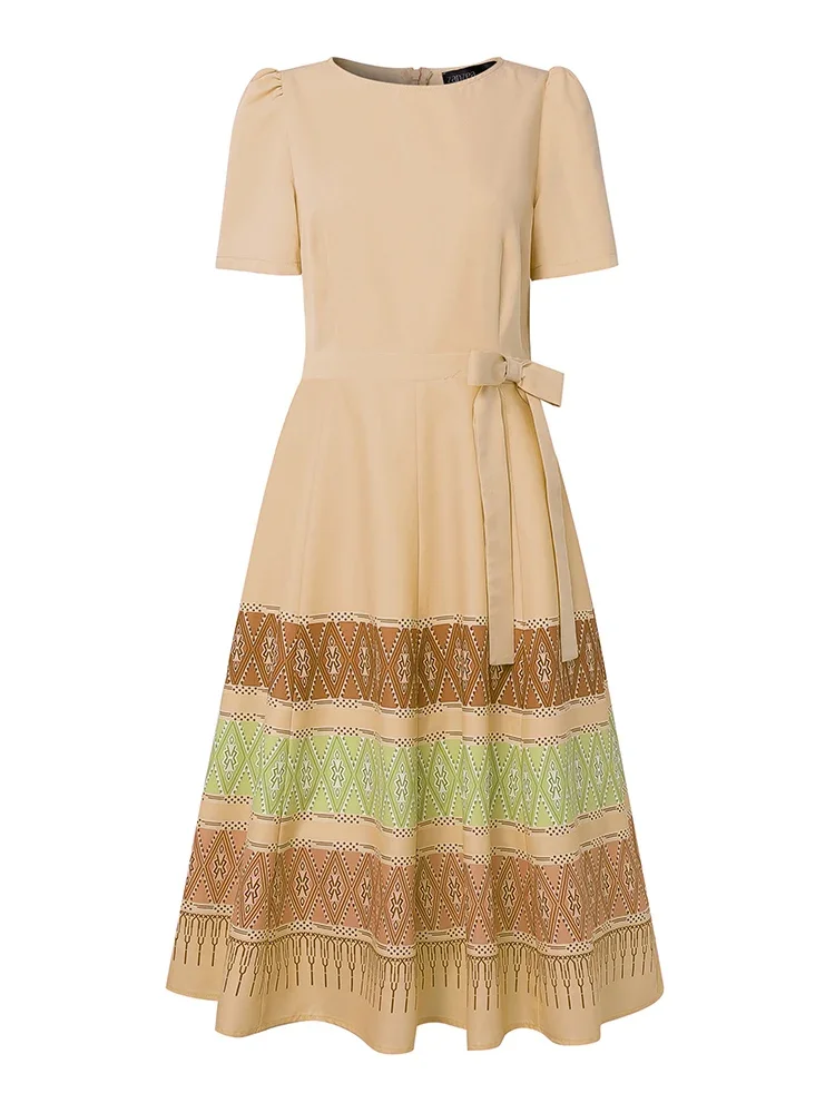 ZANZEA 우아한 여성 미디 드레스 여름 반팔 프린트 오피스 드레스 2025 캐주얼 루즈 패션 하이 웨이스트 리본 파티 드레스