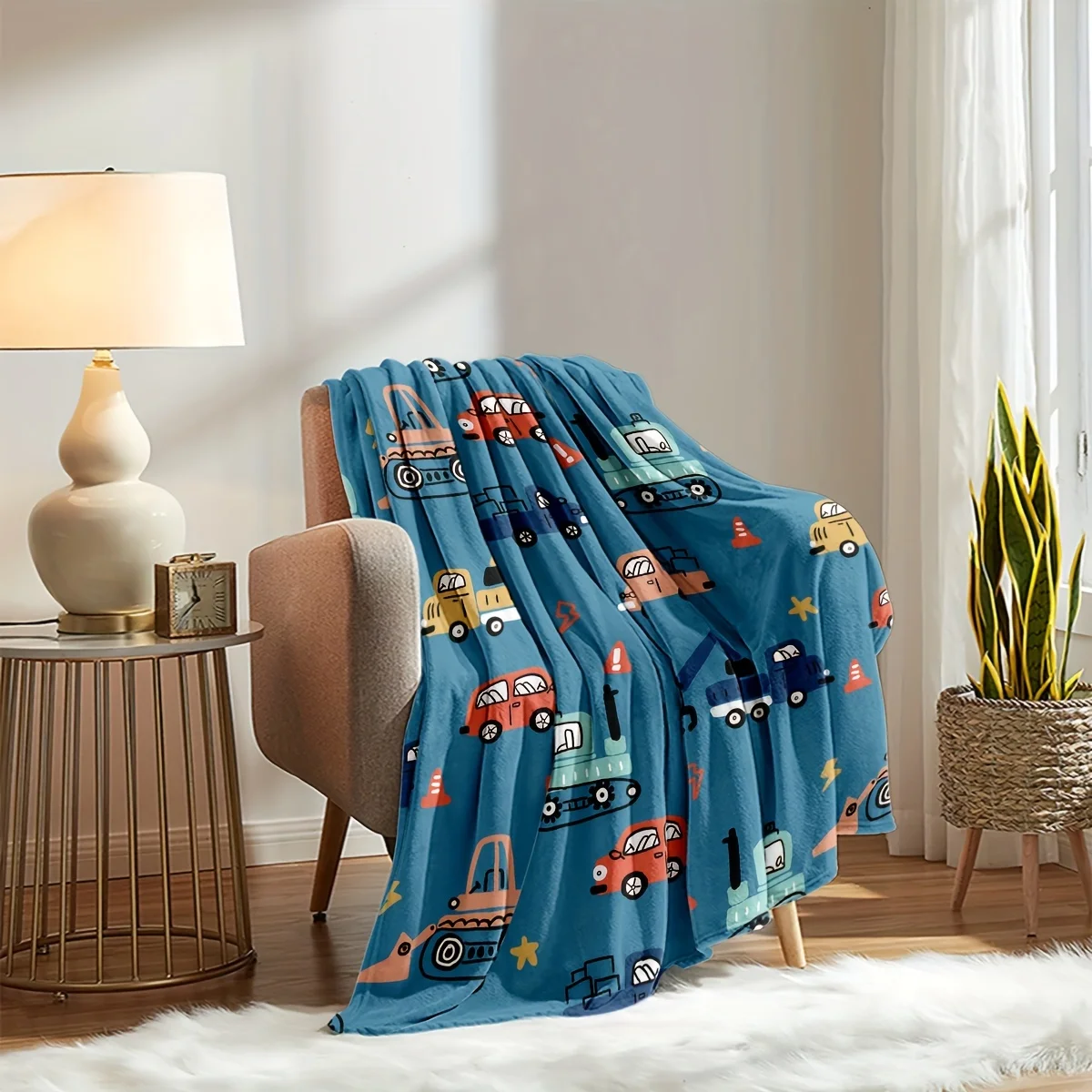 Blue Construction Vehicle Dump Truck Excavator Pattern Fleece Throw Blanket Boy Kids Nursery Decor Playroom Gift for Baby Shower