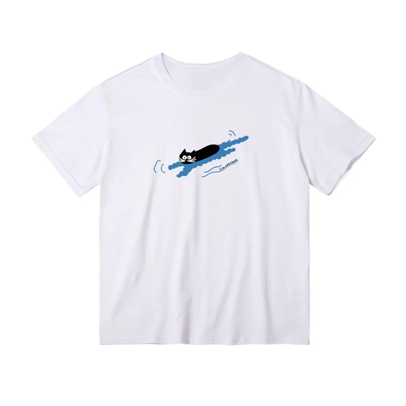 Hot Korean Touch Fish Cat Is Shoulder Blue Short-sleeved T-shirt Spring Summer New Style Cartoon Day Department Leisure