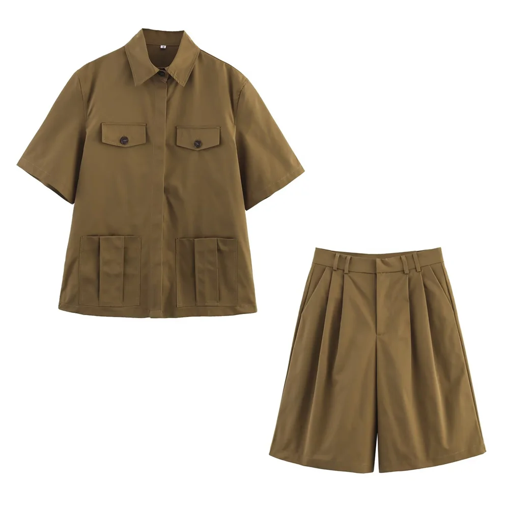 

UNIZERA women's pocket embellished short sleeved lapel shirt pleated casual shorts spring/summer new casual women's clothing