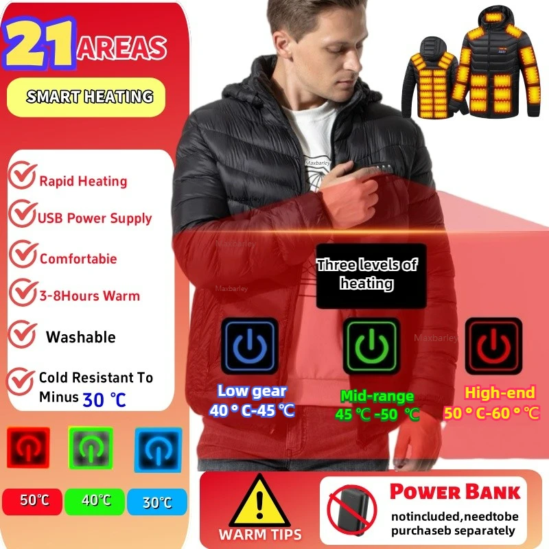 17/21 Areas Heated Parka Men Electric Heated Jackets Lightweight Hooded USB Temperature Control Winter Work Thermal Warm Jacket