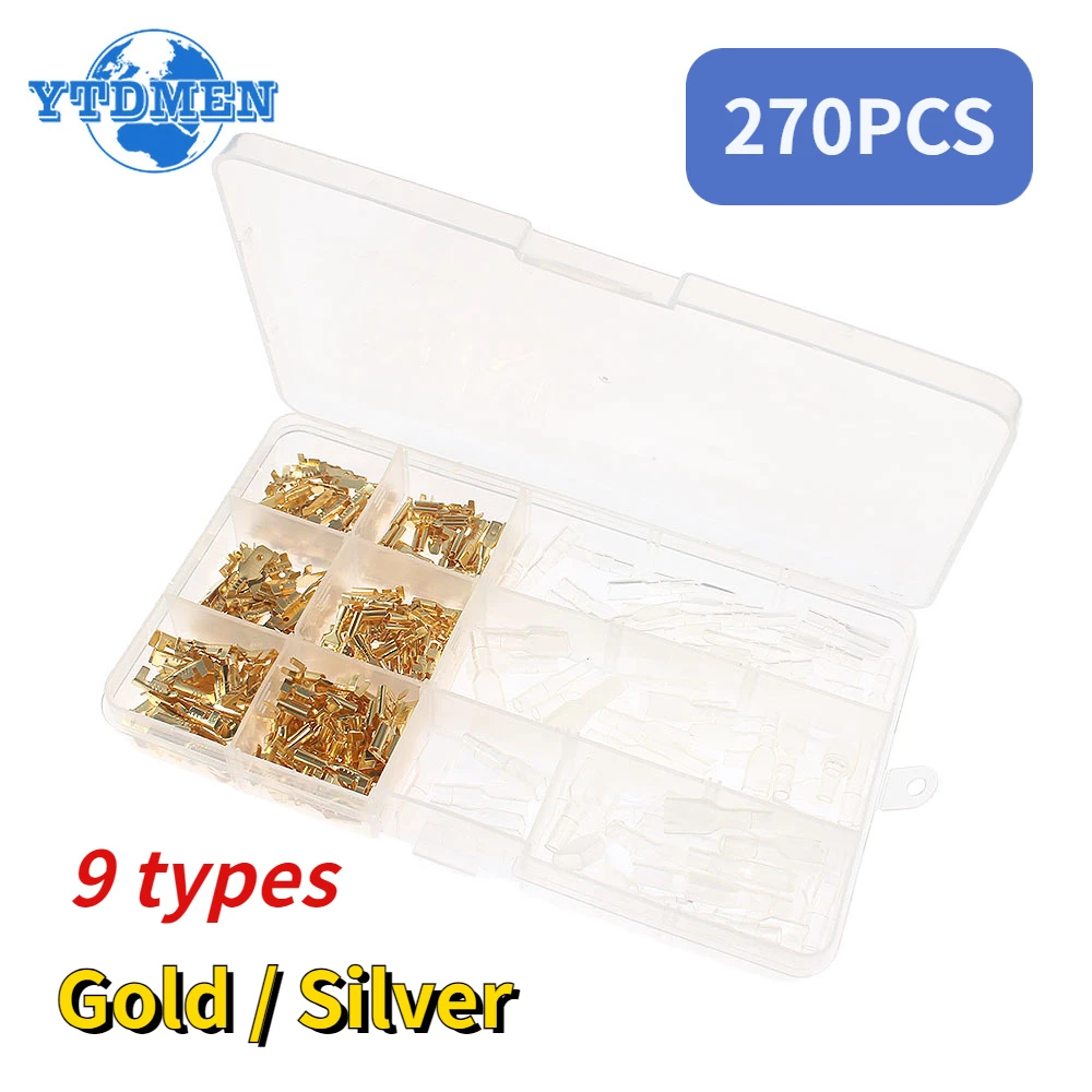 270pcs Crimp Terminals Connector 2.8/4.8/6.3mm Gold Silvery Insulated Electrical Wire Termination Cold Pressed Reed Terminals