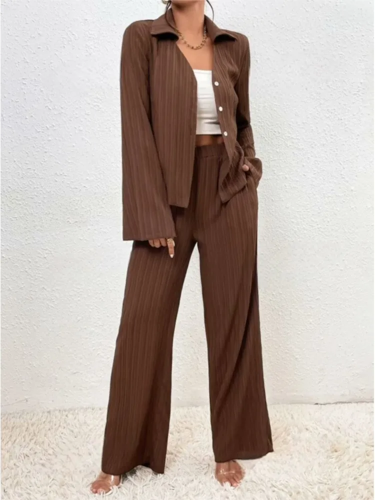 Spring Autumn Women\'s Set 2024 New Folding Long Sleeve Bell Sleeve Slit Shirt Wide Leg Pants Casual Fashion Two-piece Set