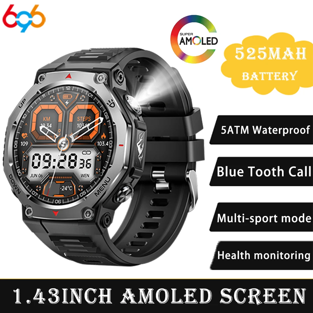 Date lumière UV lampe de poche LED Sports de plein air montres intelligentes AMOLED écran Bracelet 5ATM étanche bleu dent appel montre intelligente