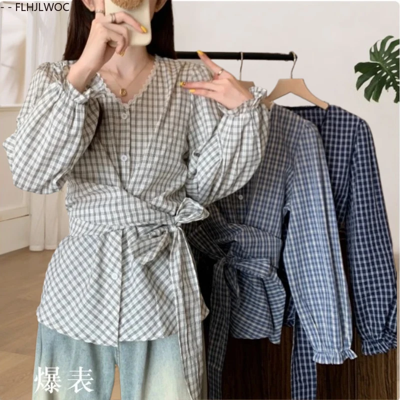 

Lace-Up Shirring Waist Tops Blouses New Fashion Women 2025 Autumn Long Sleeve Retro Vintage Plaid Basics Shirts