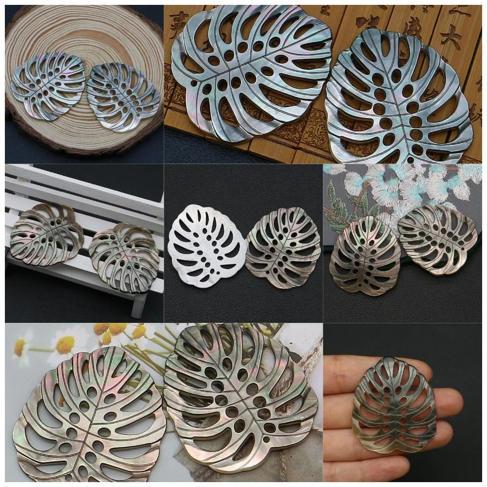 Single-sided Natural Black Shell Carved Leaf Shape Pendants Hollow-carved Craftsmanship Treatment Charms Necklace Accessory 1 Pc