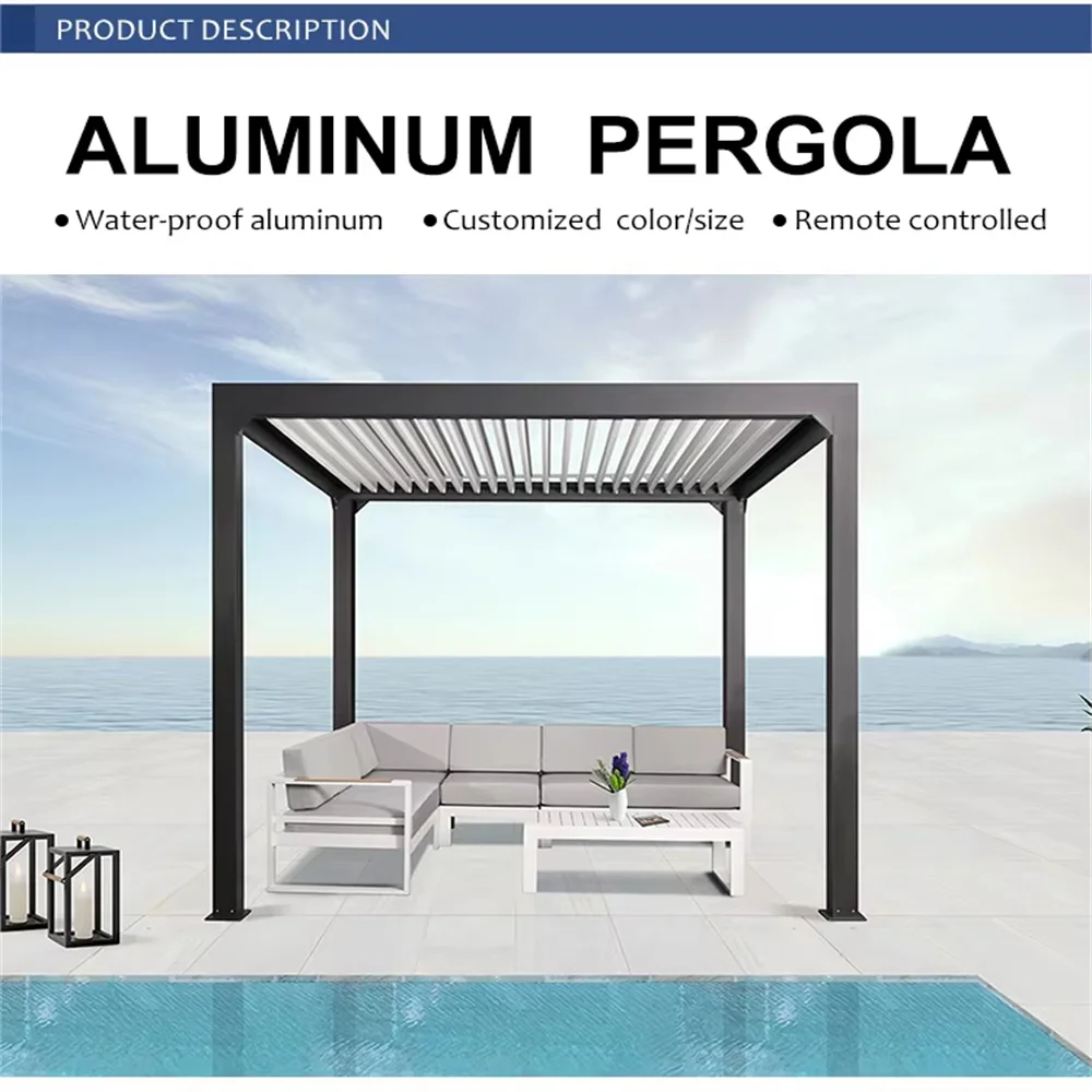 Bioclimatic Aluminum  Pergola 3x4m/10x12ft Manual flip louvered roof with manual roller blinds garden gazebo canopy view 6