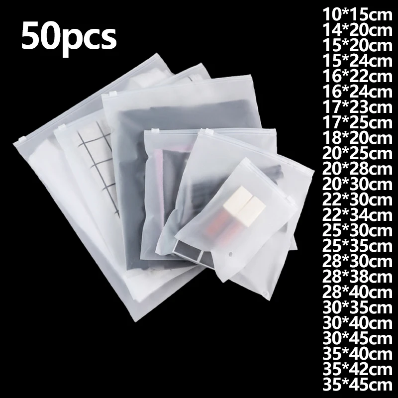 

50pcs Frosted Zipper Bags Shoes Clothing Underwear Packaging Pouch Cosmetic Waterproof PE Self-sealed Storage Bag Resealable