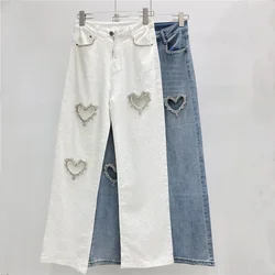 Women High Waist Hollow Out Hole Diamond Denim Pants Casual Blue Fashion Wide Leg Jeans 2024 Summer Lolita Y2K Trousers