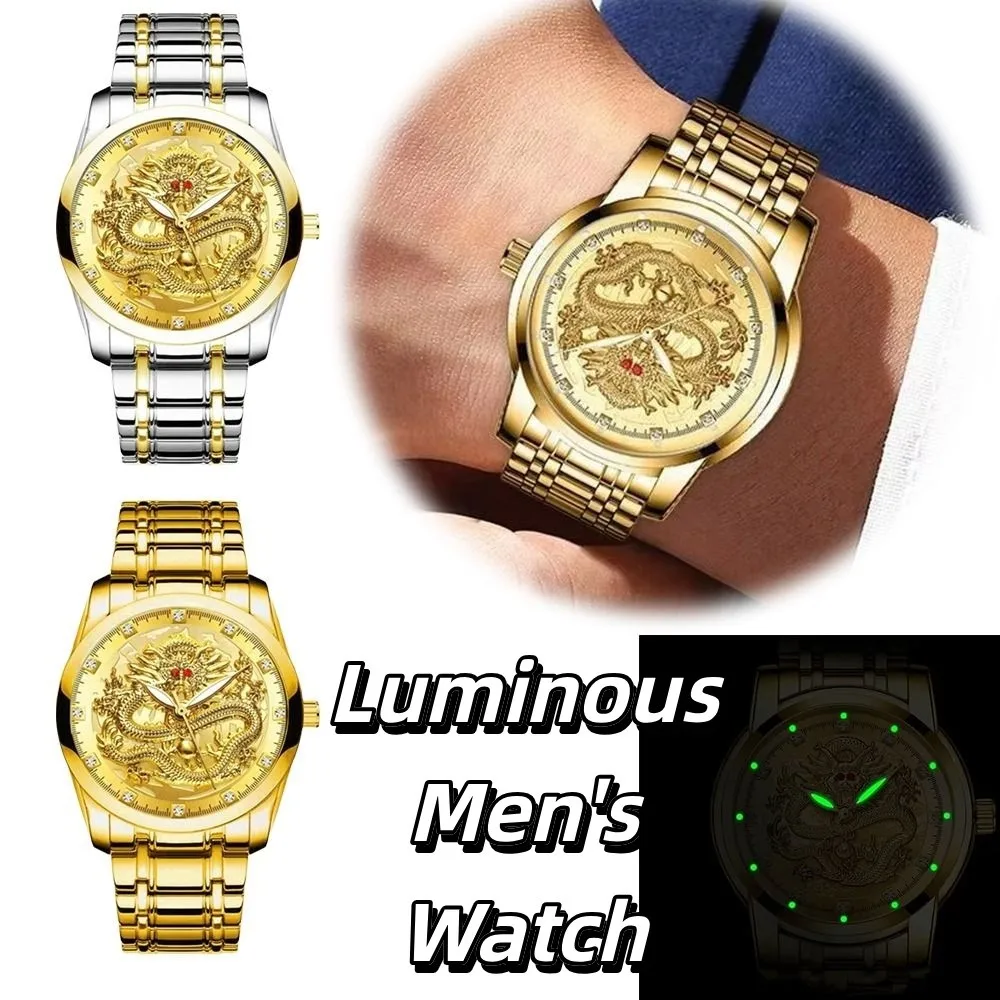 Fashion Stainless Steel Band Men's Watch Gold Color Luminous Dragon Pattern Clock Waterproof Round Gold Dragon Watch Women