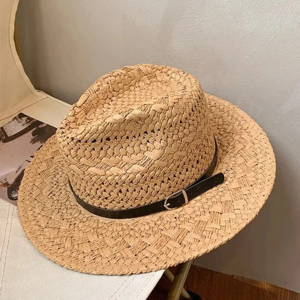 Fashion Hollow Hollow Straw Hat Jazz Wide Brim Western Cowboy Hat Leather Buckle Sunscreen Visor Cap Unisex
