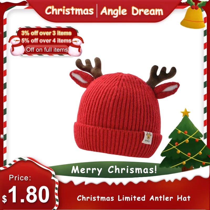 Christmas Cute Deer Ear Knitted Baby Beanie Autumn Winter Thick Warm Hat Baby Girl Boy Ear Protection Cap Christmas Gift