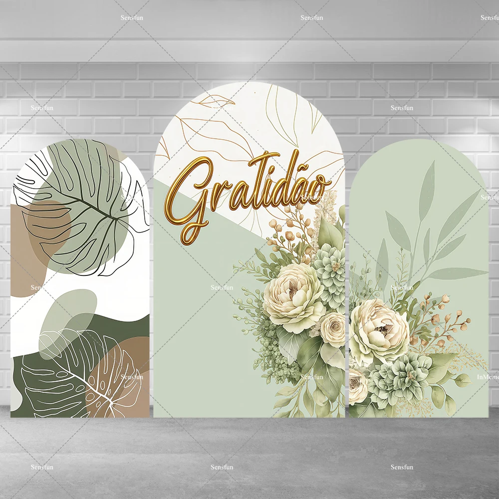 

Elegant Woman Birthday Arch Backdrop Cover Green Leaves Beige Flowers Brown Bridal Shower Wedding Party Arched Background