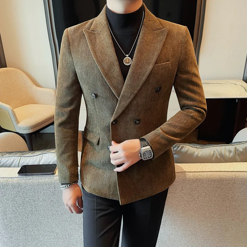 

Autumn Winter Double Breasted Blazer Jacket Men Clothing High Quality Plain Color Business Formal Wear Suit Coats Man Big Size