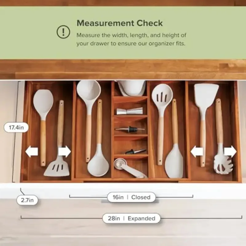 Adjustable Kitchen Drawer Organizer for Utensils, Non-Slip Expandable Wood Cutlery Tray, 16–28in Wide, Natural Acacia