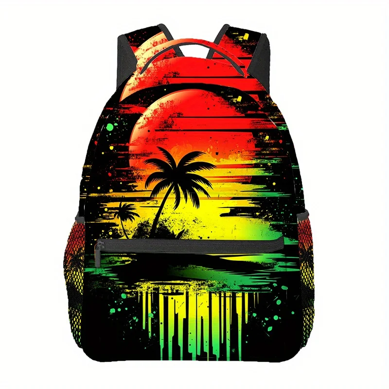 Reggae Rasta Sunset Palm Tree Print Tropical Grunge Design Daypack Lightweight Casual School Bag for Beach and Culture Fans