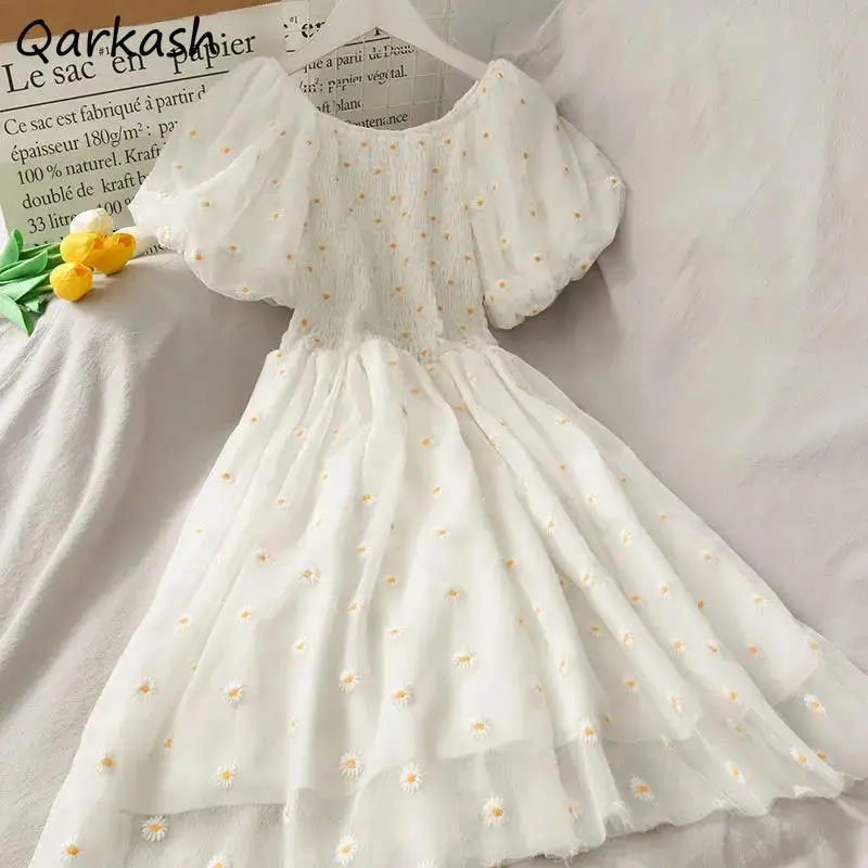 

Puff Sleeve Dresses Women Loose A-line Mesh Princess Temper Sweet Girlish Embroidery Kawaii Aesthetic Korean Fashion Stretchy