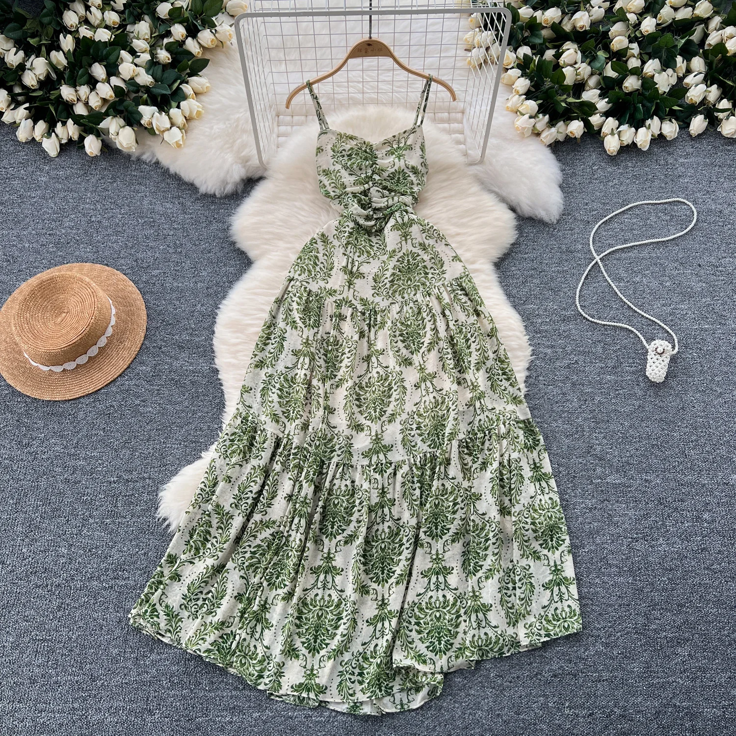 Sexy pleated Chic print slip Dress Birthday Party Fashion Women Clothing Ball Gown summer sweet puff dresses