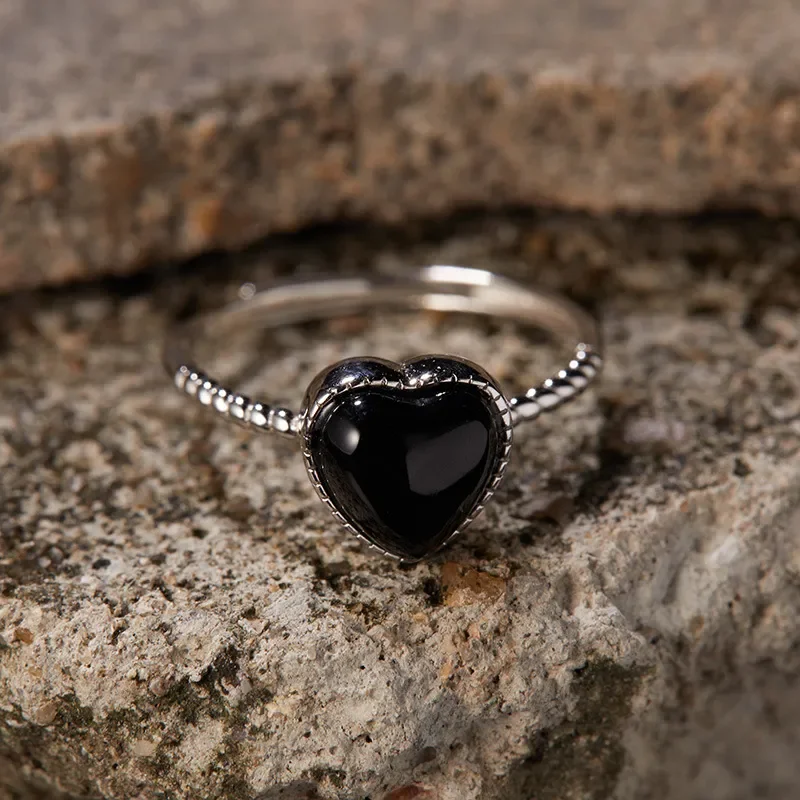 Niche design S925 sterling silver natural black agate ring women's thread black love open ring live stream hot models