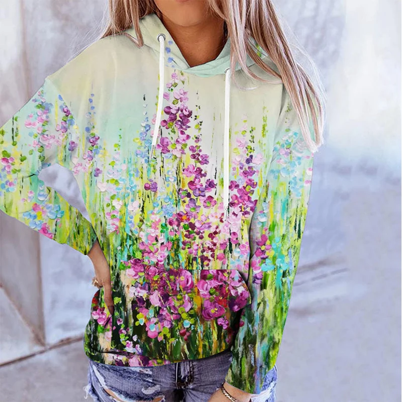 New Floral Oil Painting Hoodies Flower 3D Print Women Casual Long Sleeve Hooded Sweatshirts Streetwear Pullovers Female Clothing