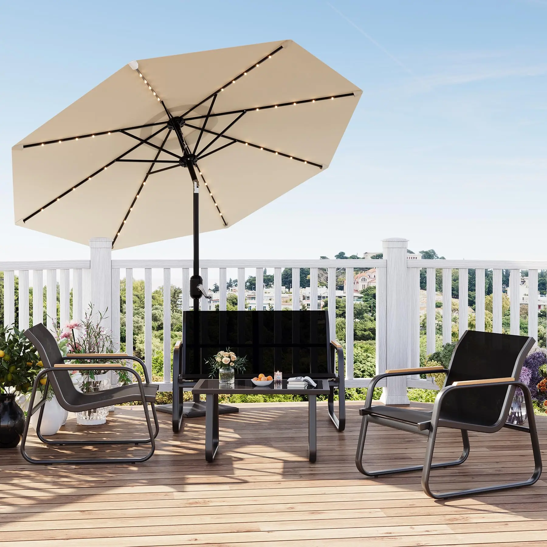 Set da giardino da esterno in 4 pezzi in acciaio – Tessile resistente alle intemperie, divano, 2 poltrone e tavolo in vetro – Durevole, facile da montare – Per giardino, balcone o terrazza
