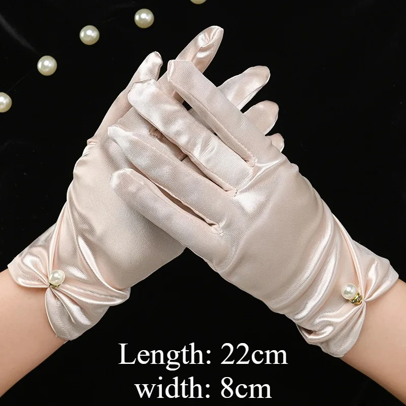 قفازات زفاف أنيقة وراقية من الساتان الأبيض، قفازات زفاف شبكية على شكل فيونكة من اللؤلؤ البتلة