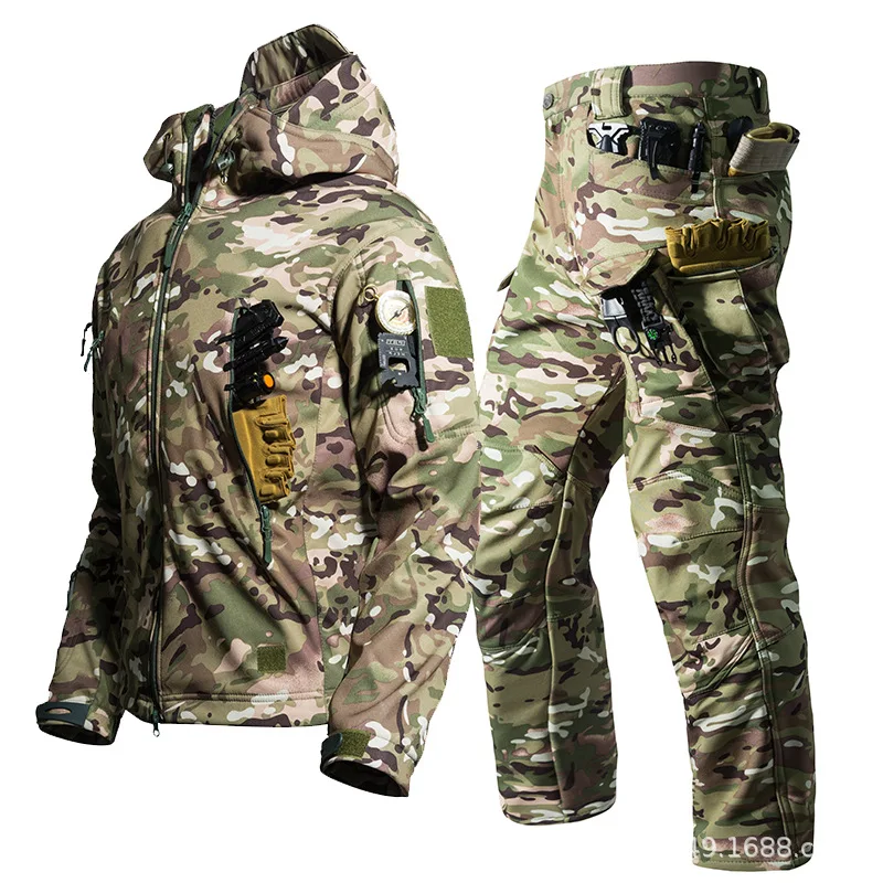 Herren Taktisches Softshell 2-Teiliges Set Kapuzen-Fleecejacke Multi-Taschen-Cargohose Winddichter Militäranzug für Outdoor-Wanderungen und Camping – Detail 4