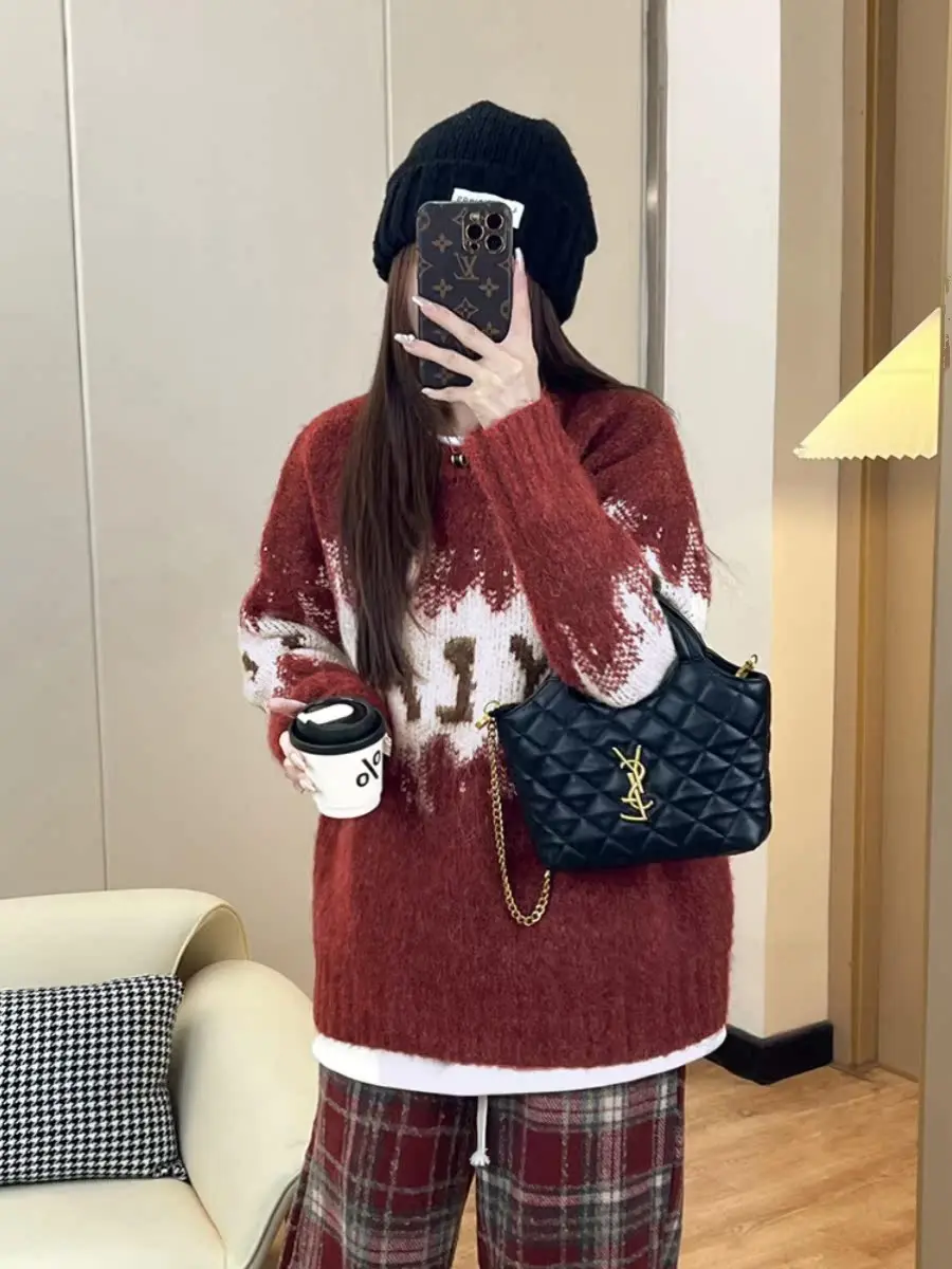 

Красный вязаный свитер Cisas для женщин: модный, милый, теплый, в стиле принцессы, винтажный топ-пальто