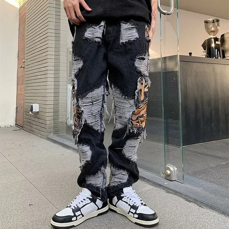 Pantalones vaqueros rasgados y holgados para hombres, ropa de calle Grunge, pantalones vaqueros apilados, Pantalones rectos Kanye Old Hip Hop, Y2K,