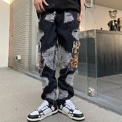 Pantalones vaqueros rasgados y holgados para hombres, ropa de calle Grunge, pantalones vaqueros apilados, Pantalones rectos Kanye Old Hip Hop, Y2K, 2023