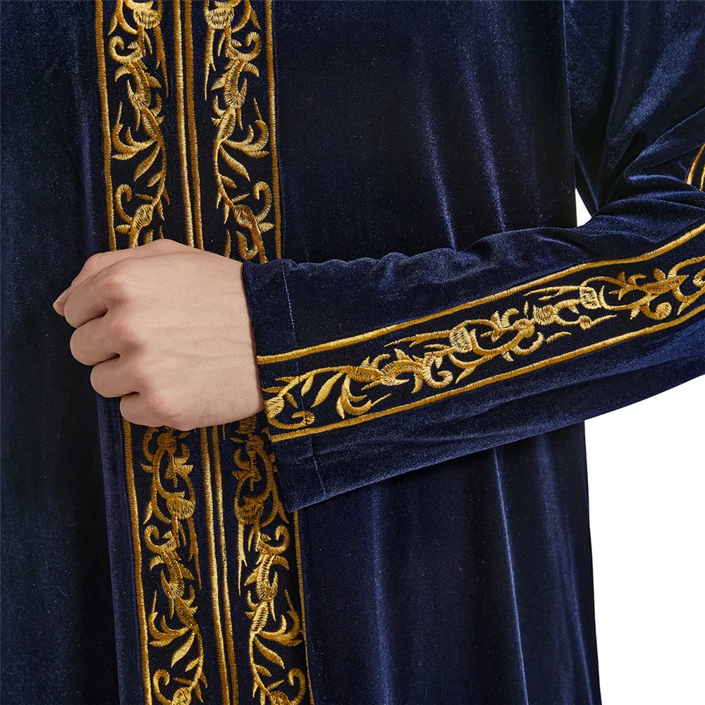 Muslim Men Velvet Embroidery Jubba Thobe Islam Clothing Ramadan Abaya Dress Long Robe Saudi Arabic Musulman Caftan Middle East