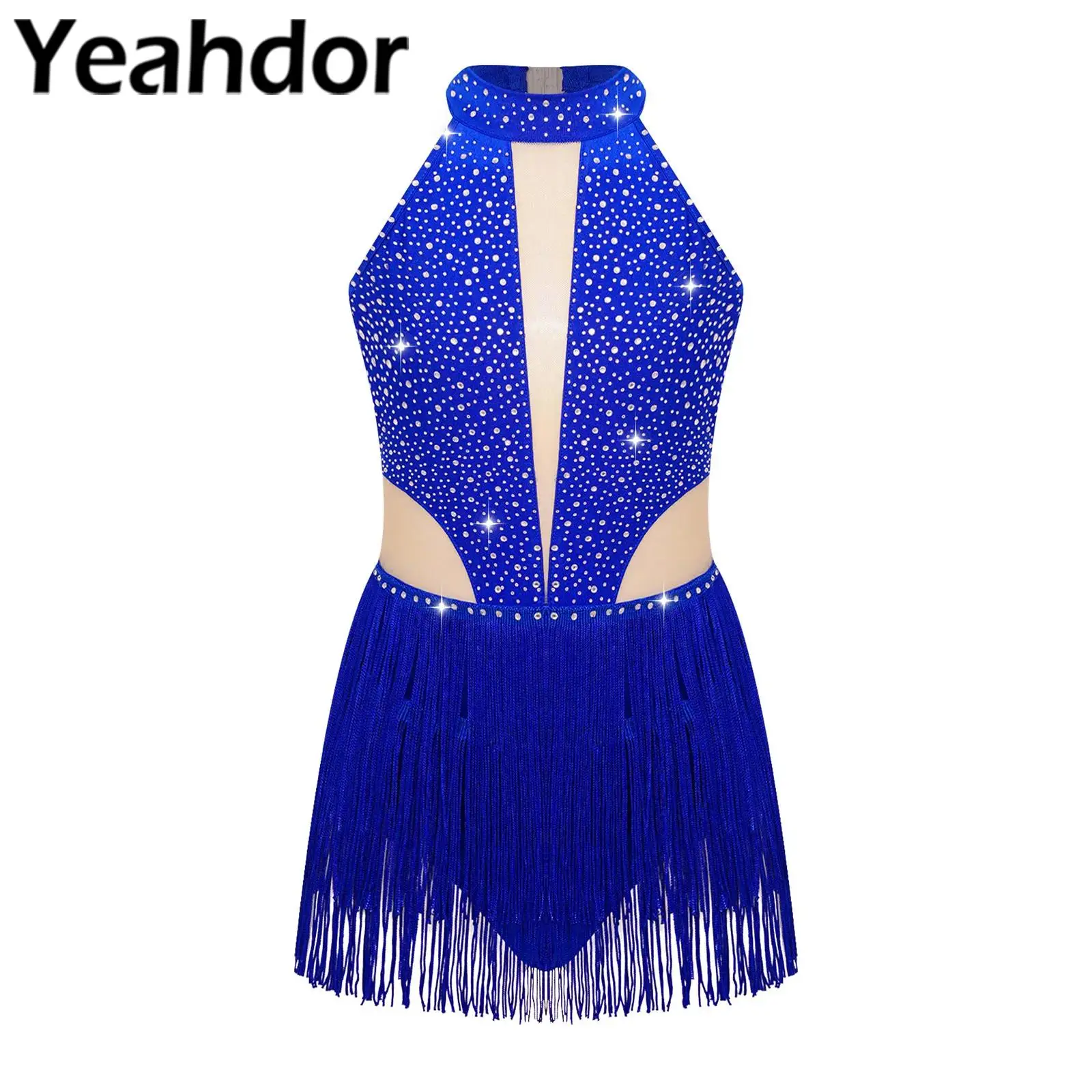 

Kids Girls Rhinestone Latin Dance Leotard Backless Fringed Bodysuit Gymnastics Artistic Skating Ballet Lyrical Stage Costume