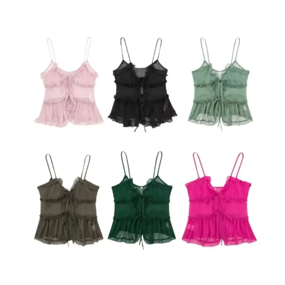 Sexy Ruffles Lace Up Tank Pleated Backless Tops Women Mesh See Through V Neck Sleeveless Female Camisoles 2024 Summer Streetwear