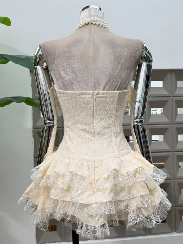 Dfdg feminino 2025 primavera verão designer renda em camadas vestido oco assimétrico bainha chique festa de férias tubo topless vestido de festa