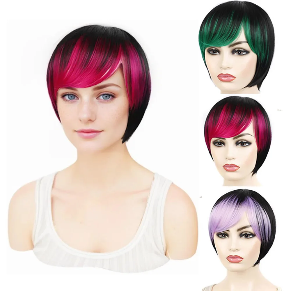 Jeedou Synthetic Short Hair Wigs Bob Haircut Whit Bangs Pink Purple Green Ombre Color Young Girl's Wig