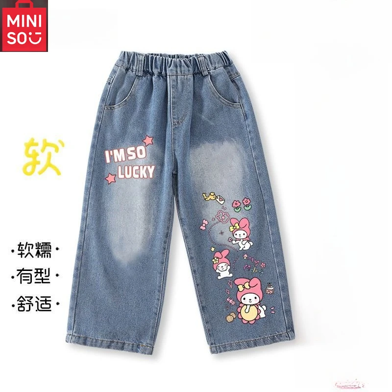 

MINISO New Cute Kuromi My Melody Children's Jeans Kawaii Girls Loose Autumn and Winter Straight Pants Casual Birthday Gift