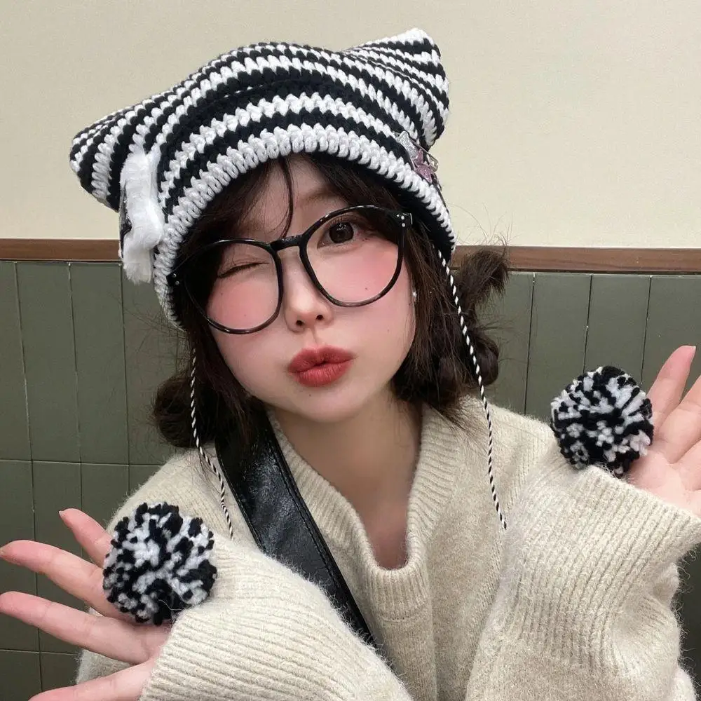 

Y2K женская вязаная шапка осень/зима модная полосатая кепка унисекс теплая шапка-бини пуловер с пятиконечной звездой Harajuku женская шапка